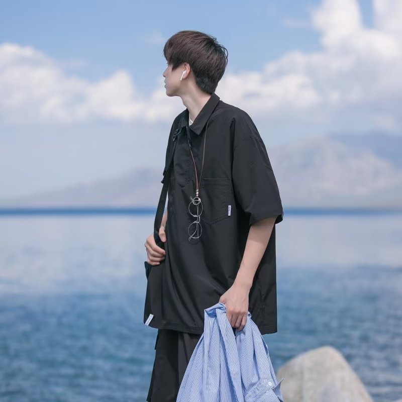 Camisa de Polo de manga corta de color sólido verano de los hombres ins marca de moda estilo de Hong Kong camiseta Suelta todo-fósforo de moda contraste color media manga superior hombres