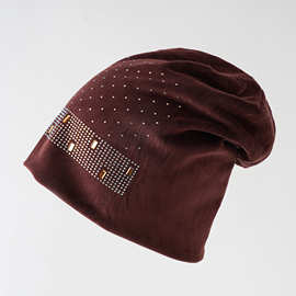 欧美烫钻雪尼尔女士冬季防风套头帽单色保暖针织帽子堆堆帽