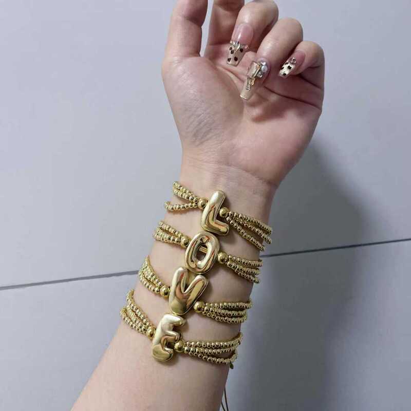 Cross-Border New Hot-Selling Gold Round Bead Bracelet with 26 English Name Letters