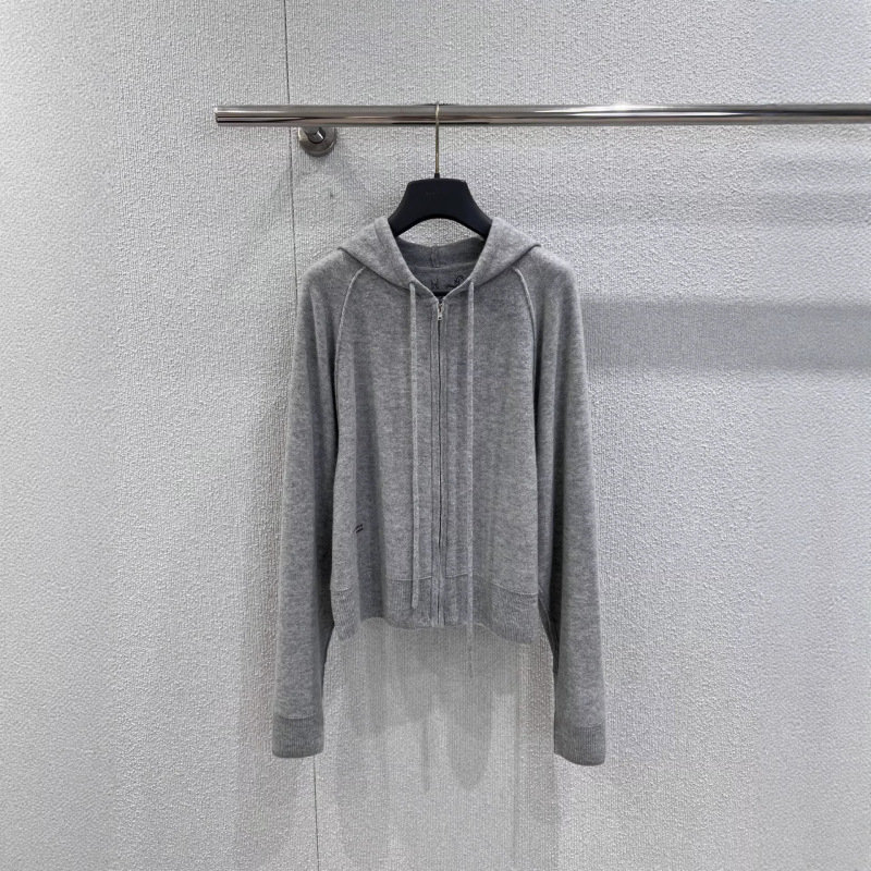 Gray Floral Butterfly Embroidery Hooded Goat Wool Knitwear Women's 26 Early Spring New Zipper Jacket