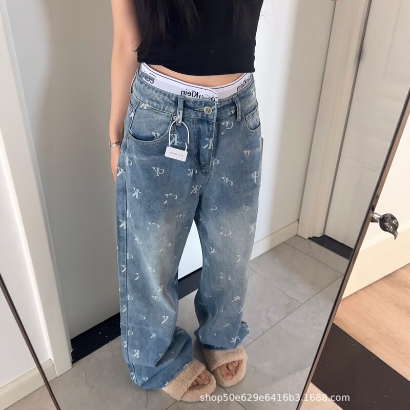 C Brand Full-Print Double-Waist High-Waisted Wide-Leg Printed Jeans for Women, New Style, Floor-Length, Loose Straight-Cut, Versatile, Slimming Long Pants