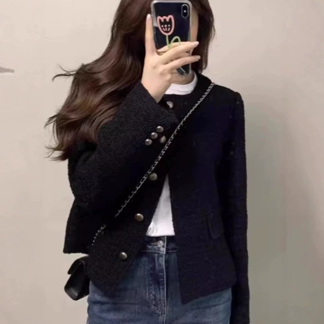 Черный демисезонный кардиган, короткая куртка, plus size, стиль Chanel, для подростков
