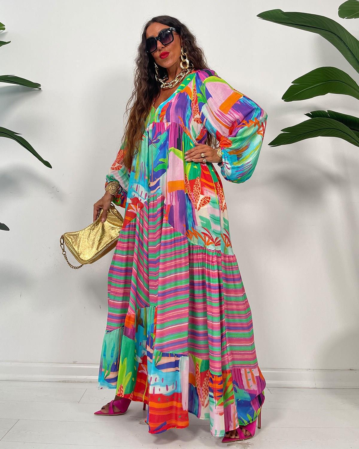 Color Block Pattern Spring, Autumn Season Women's Gender Wholesale Women's Vintage Style Printing Color Block Daily V Neck Long Sleeve Swing Dress