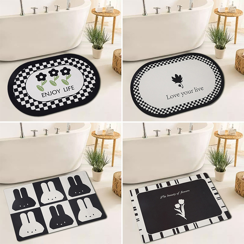 Black and white checkerboard bathroom non-slip floor mat diatom mud soft mat bathroom absorbent mat toilet door quick-drying floor mat