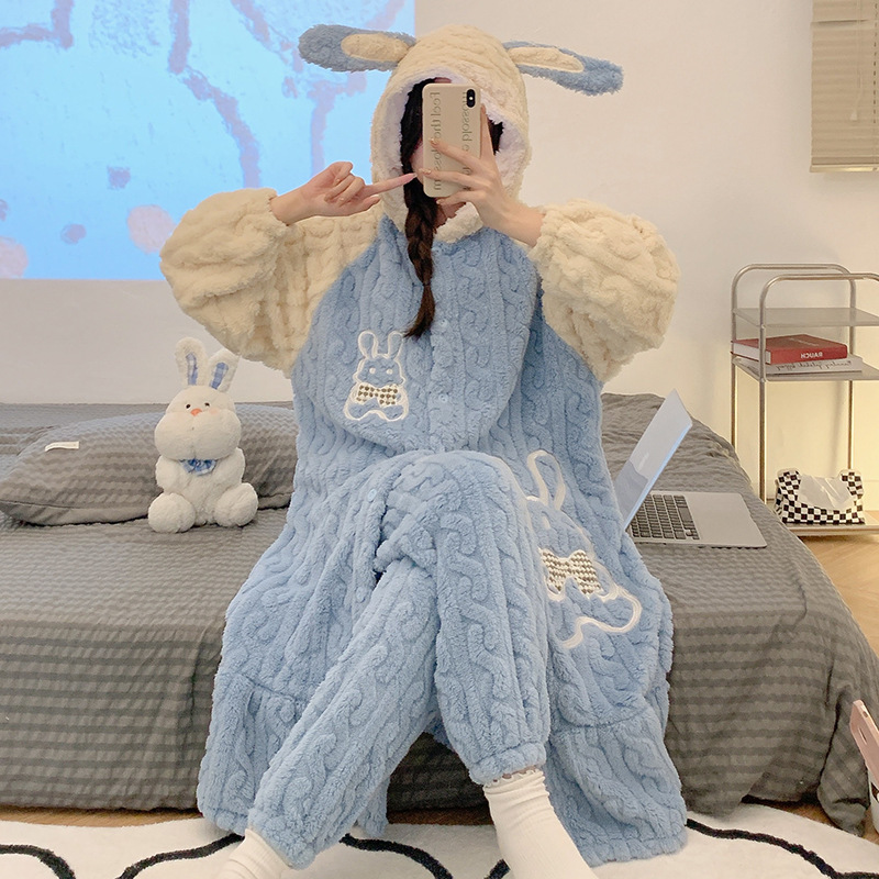 2024 pijamas de otoño e invierno camisón de franela para niñas engrosado forro polar de coral con capucha lindo traje de homewear image 5