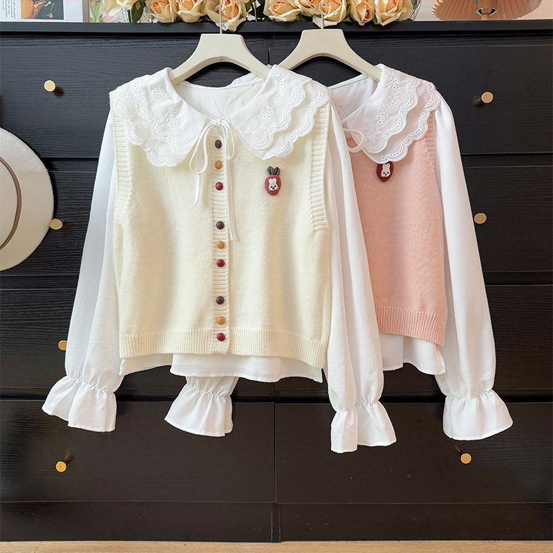 Sweet and Cute Age-Reducing Doll Collar Lace-Up Long-Sleeved Shirt for Women Autum 2025 Layered Knitted Vest Suit