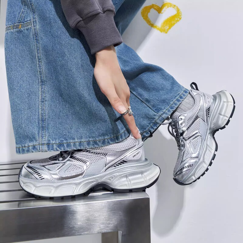 Jia~Mathism 2025 New Ins Trbottomy Thick-Soled Silver Dad Shoes Women's Sports Shoes Casual Running Shoes