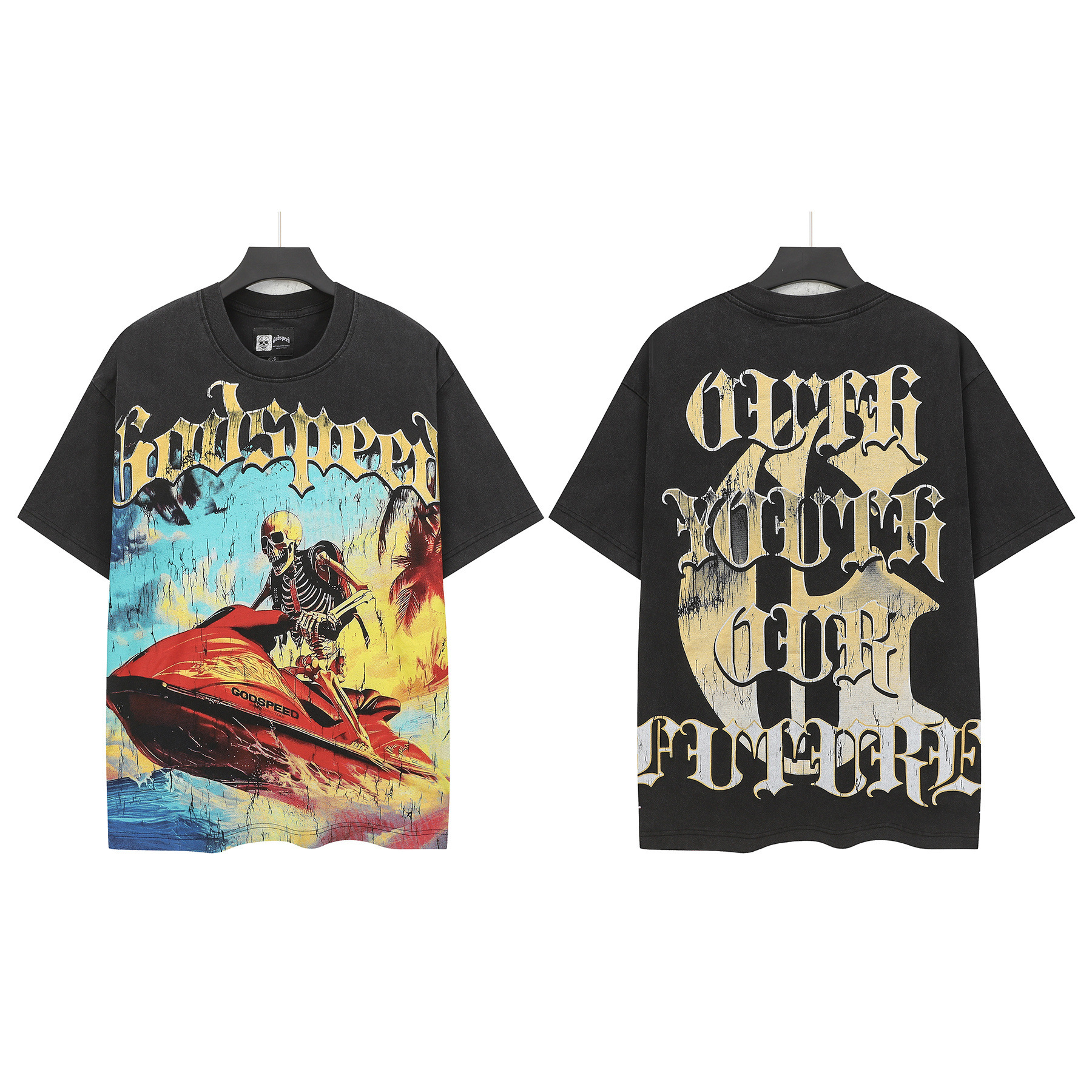Cross-border Wholesale High-quality Gods Short-sleeve Heavy Wash FOG High Street Fashion Brand Skull Print Pure Cotton_viptrois.com