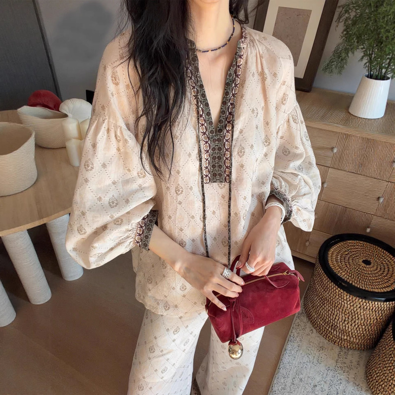 Od Designer Brand 26 Spring New Holiday Style Printed Shirt Niche Design Fashionable Versatile Tie-Up Top