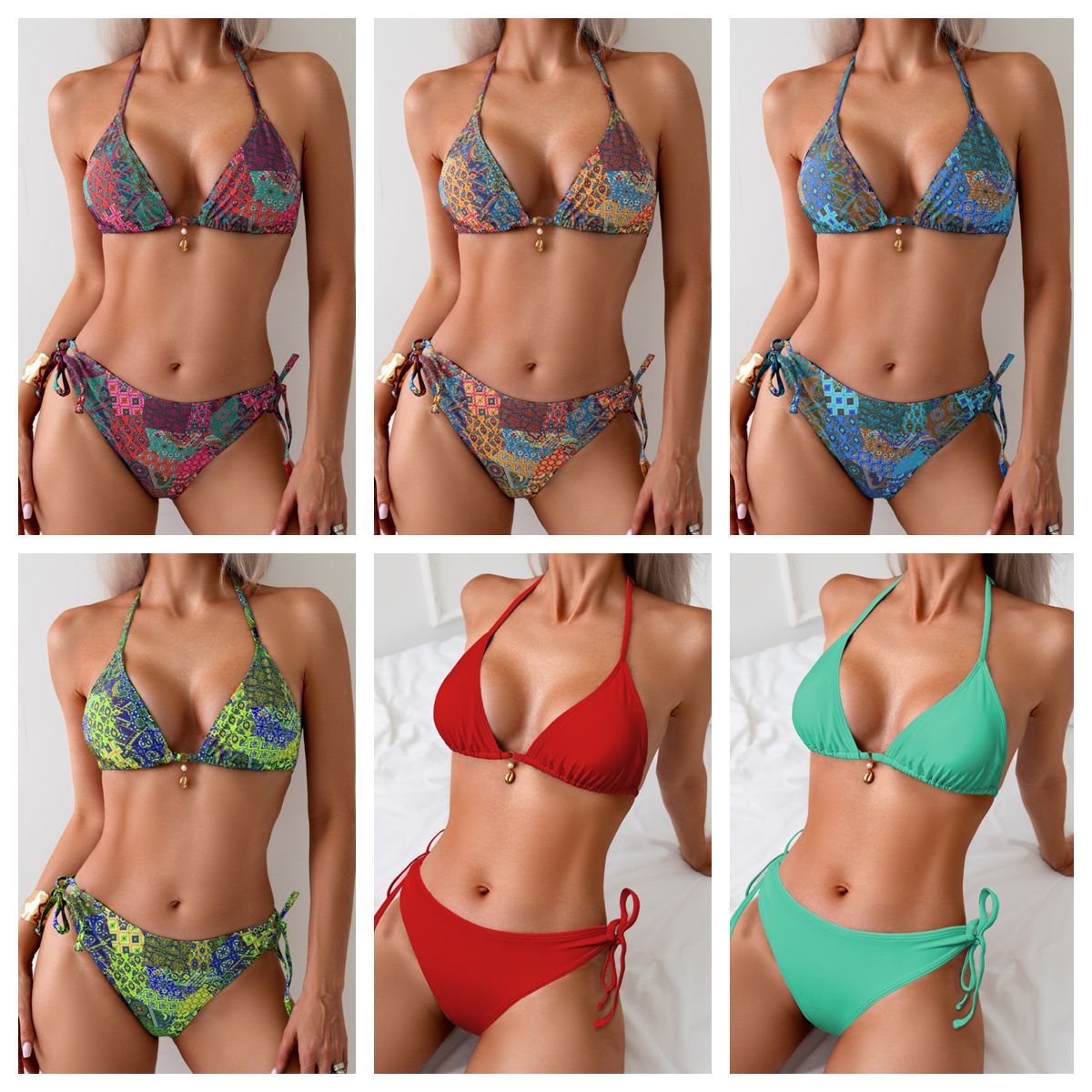 2025 New Sexy Bikini Printed Lace-Up Beach Swimsuit Halterneck Leaky Back Bikini Split Swimsuit for Women