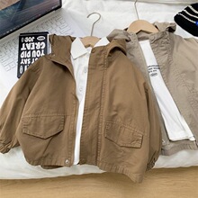 男童连帽外套春秋风衣2024新款韩版儿童棉布纯色休闲上衣开衫洋气