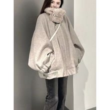 毛呢外套女冬季美式复古oversize宽松百搭牛角扣加厚机车呢子大衣