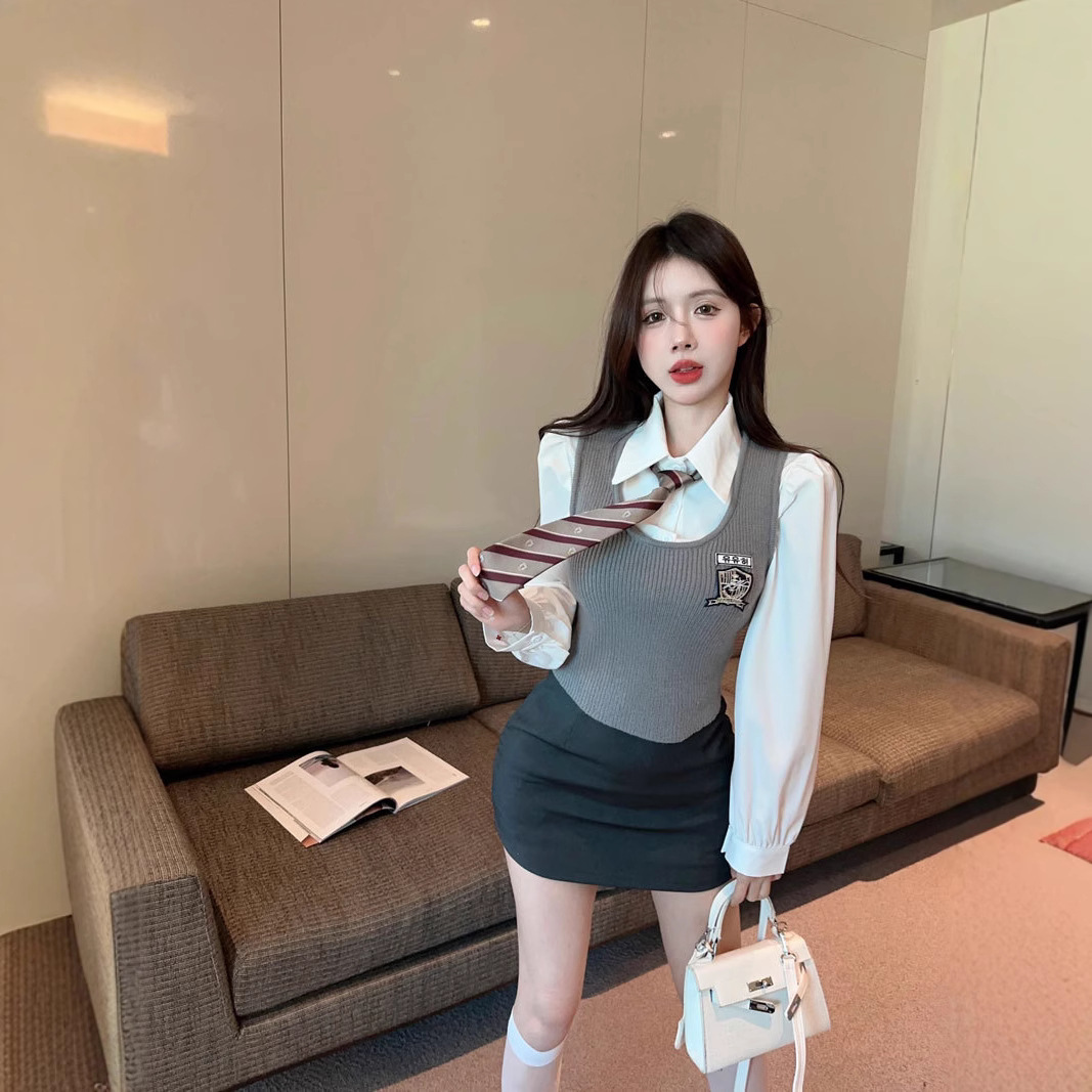 작은 패션 서양식 달콤한 핫 칼리지 스타일 세트 한국 스타일 착용 JK 유니폼 조끼 3 피스 세트 가을과 겨울