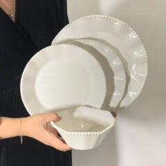 フランス風レトロなレリーフレースとビーズ縁シリーズ食器、朝食ボウル、プレート、家庭用、高級感のあるデザートディスプレイ、卸売