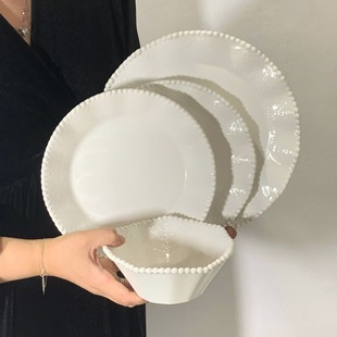 French Retro Embossed Lace Beaded Edge Series Tableware Breakfast Bowls and Plates for Home Use High-Value Dessert Display Wholesale
