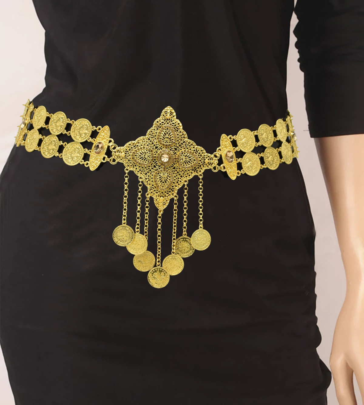New Bohemian Style Fashion Alloy Diamond Fringe Belt Chain, Ancient Coin Pendant Hanfu Waist Seal Chain