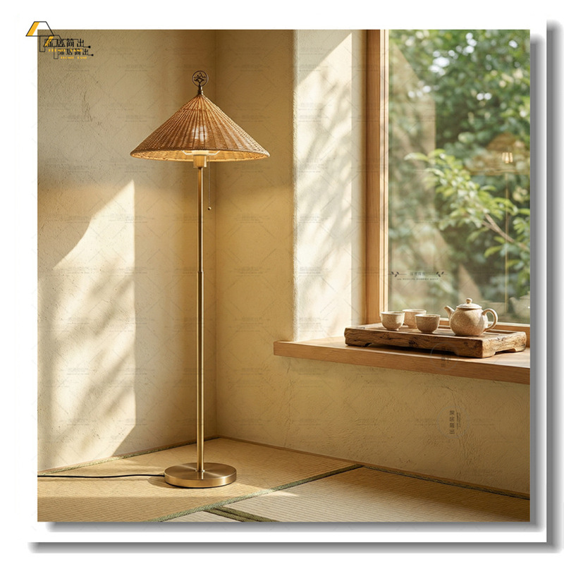 Vintage Wabi-Sabi Style Floor Lamp, Hand-Woven Rattan Living Room Lighting, Retro Zen Atmosphere Floor Lamp