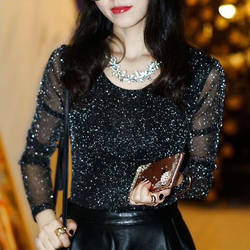 高领打底衫女秋冬加绒加厚亮金丝闪光丝保暖衣时尚洋气网纱内搭冬|undefined