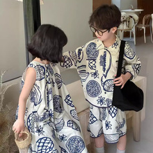 2024夏男女童装织里韩版不规则图案连衣裙儿童休闲短袖短裤两件套