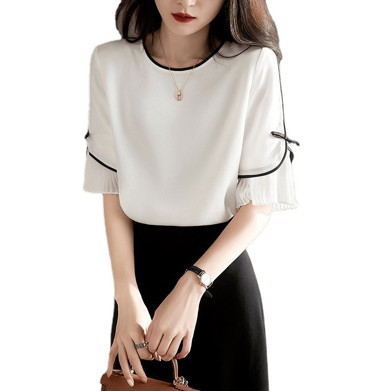 Professional elegant summer shirt with a round collar with bow