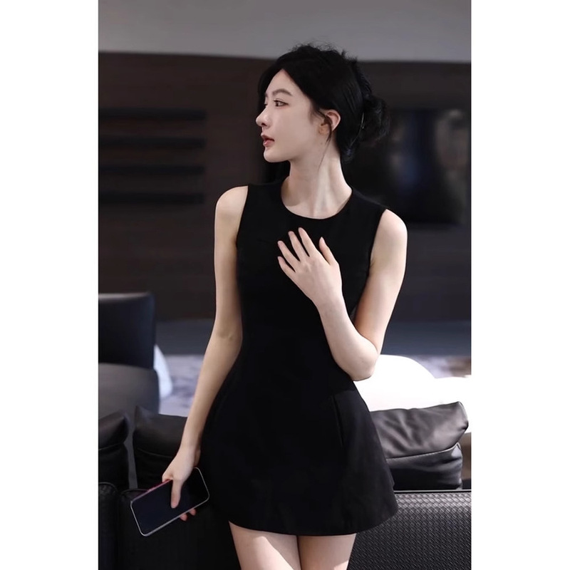 S11小个子法式收腰黑色无袖背心连衣裙女夏季高端精致生日小黑裙|undefined