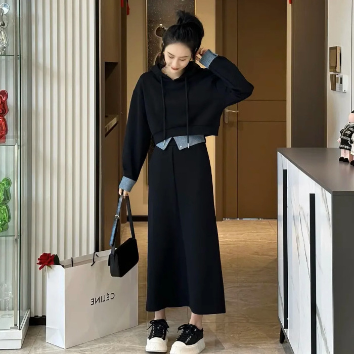 大きいサイズの女性の秋のスウェットシャツスーツ、ファッショナブルで年齢を減らすファットmm 100kg スリムスカート、女性用のファッショナブルな2点セット|undefined