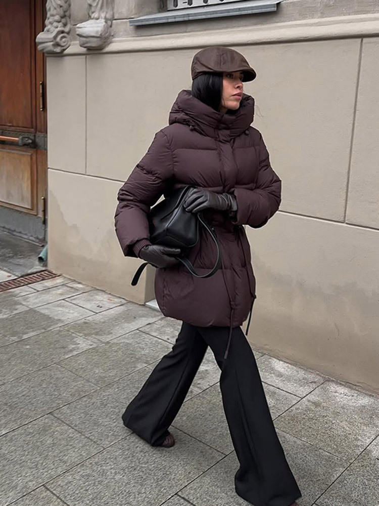 Casual estilo cálido color sólido encapuchado mangas largas abrigo de algodón de cintura retractable 2025 otoño y invierno nuevo estilo transfronterizo de Europa y Estados Unidos