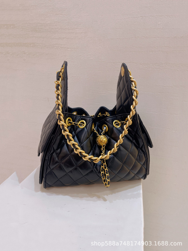 小香风25C中古水桶包女时尚真皮菱格链条流浪包大容量单肩托特包|undefined