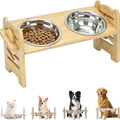Nuevo bambú para perros y gatos, perros y gatos, doble tazón, perros pequeños y medianos, marco de madera ajustable para perros y gatos, protector de perros, comedor de comida
