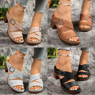 Cross-Border Large Size Wedge Fashion Slippers for Women 2025 New Style Comfortable and Versatile One-Line Buckle High-Heeled Fish Mouth Slippers