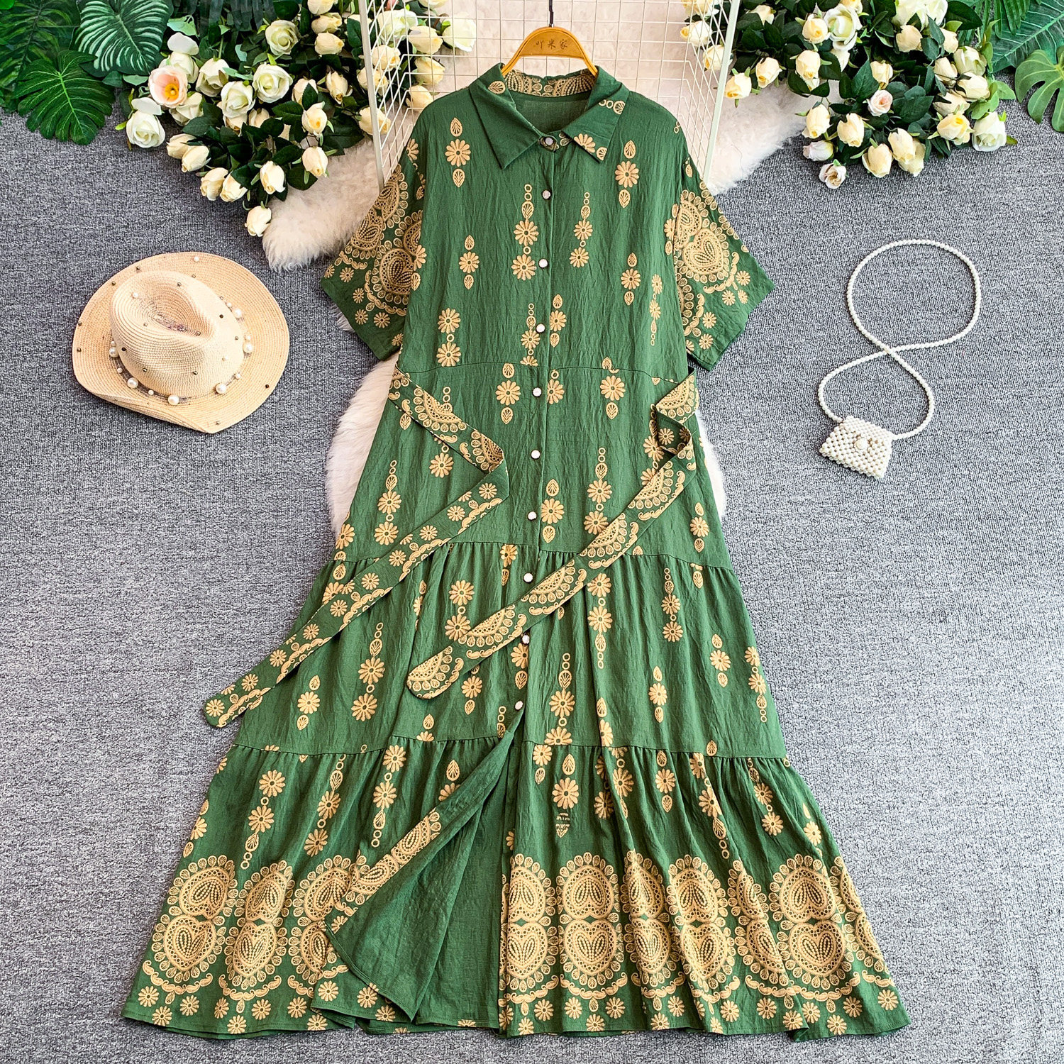 Women's French Retro Heavy Embroidery Lapel Dress Korean Style Single-Breasted Slimming Ruffled Long Skirt Summer Dress_ecoleips.com