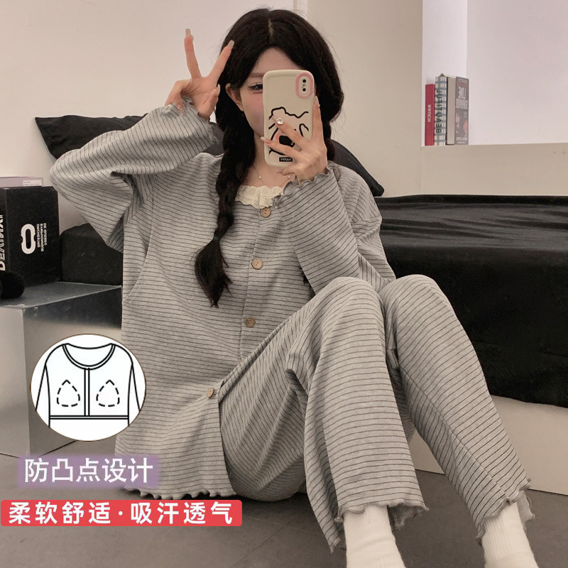 Knitted Moon Clothing with Chest Pad March 4 Pregnant Women Pajamas Spring and Autumn Thin Postpartum Maternal Nursing Home Clothing