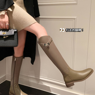 Retro slanted long boots, genuine leather for small people, thick legs, large boots that are no bigger than knee high knight boots, lock boots