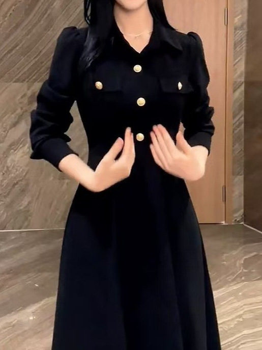 高冷御姐风黑色气质翻领连衣裙女2025秋冬新款赫本风收腰显瘦长裙|undefined