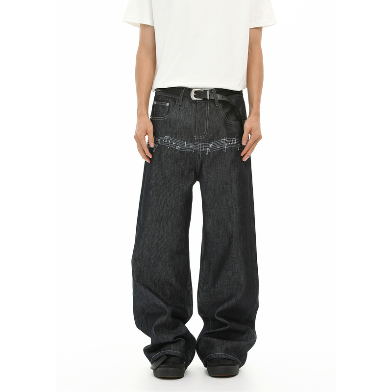 Mtlclothes Men's Korean Style Original Color Musical Note Embroidery Personalized Trendy Straight Wide-Leg Casual Washed Jeans