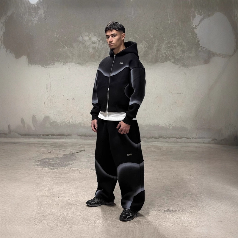 Cross-Border European and American Trendy Streetwear Night Jogger Jacket Double Zipper Hoodie Sweatshirt Sportswear Set