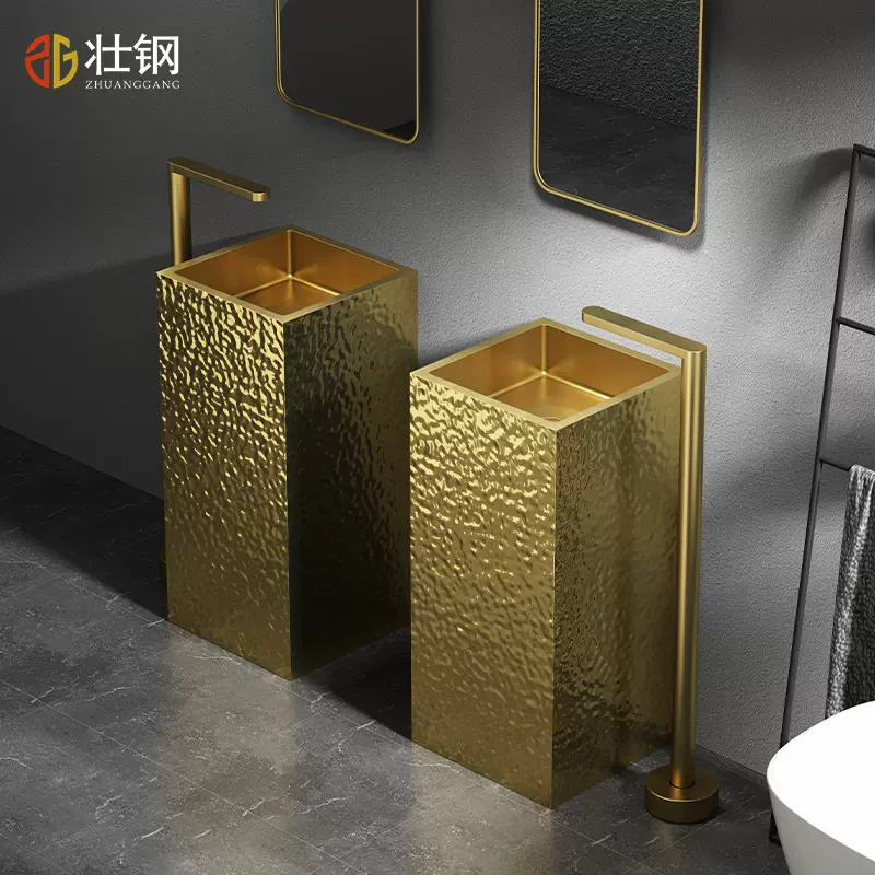 金色水波纹不锈钢立柱盆酒吧创意个性餐厅立柱盆一体落地式洗手盆