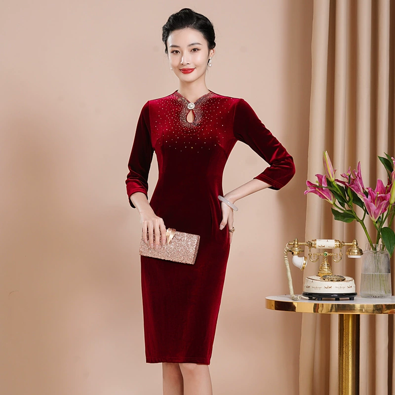 2022 осень новое платье для матери тонкое Золотое бархатное свадебное платье Xi свекровь платье поколение волос