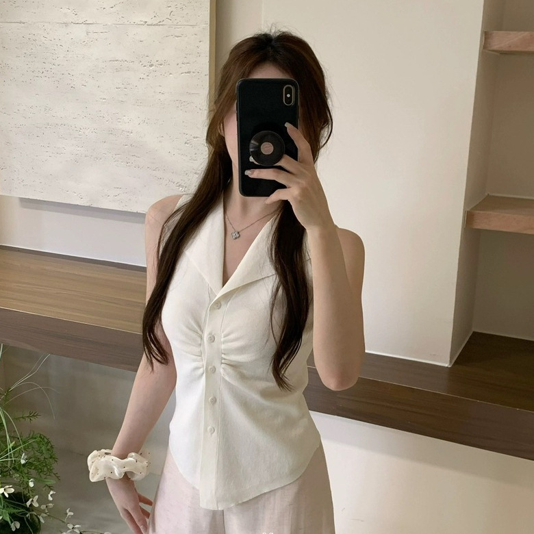 Elegant Lapel Thin Sleeveless Neck Vest Women's Summer Slim-fit Single-breasted Nipped Waistline Knitted T-shirt Top