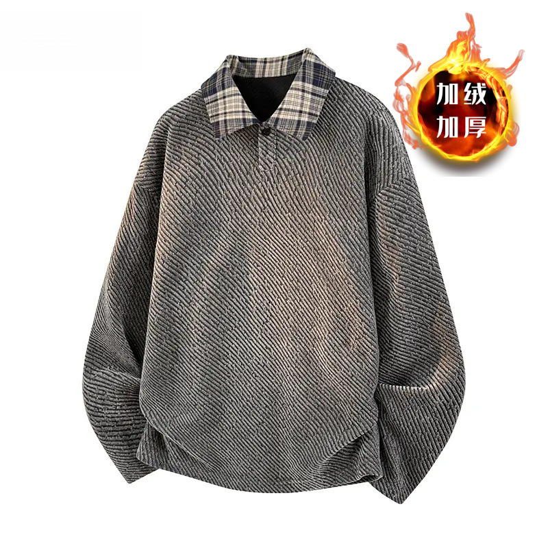 Chenille Thick Woven Stripesd Polo Sweatshirt Men's Autum American Heavy Long-Sleeved T-Shirt Small Fragrant Knitwear Jacket