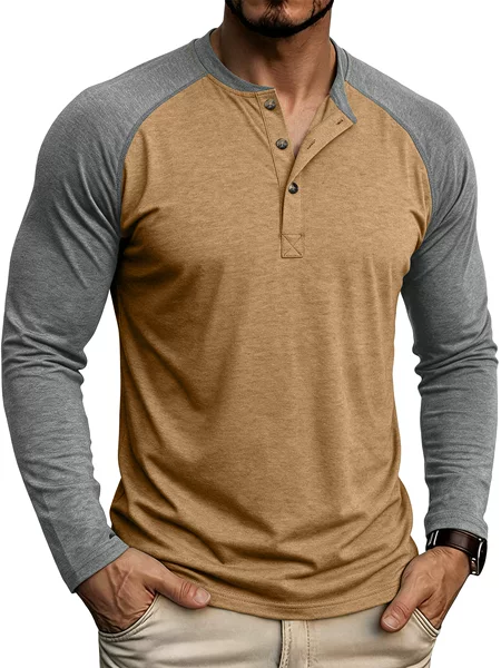 Cross-border European and American men's long-sleeve color-blocked Henley shirt, foreign trade men's round-neck t-shirt, Amazon top, base shirt