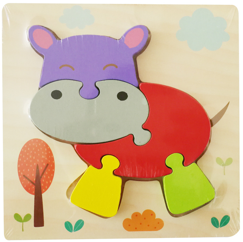 Simulación de madera de dibujos animados vehículo animal rompecabezas educación temprana bloques de construcción niños bebé cognición rompecabezas tridimensional al por mayor
