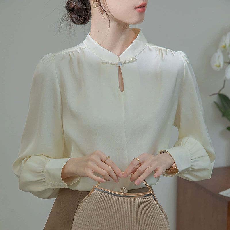 Реальный осенний национальный стиль новый китайский стиль атласная рубашка с пуговицами женский 2024 новый абрикосовый воротник с темпераментной рубашкой