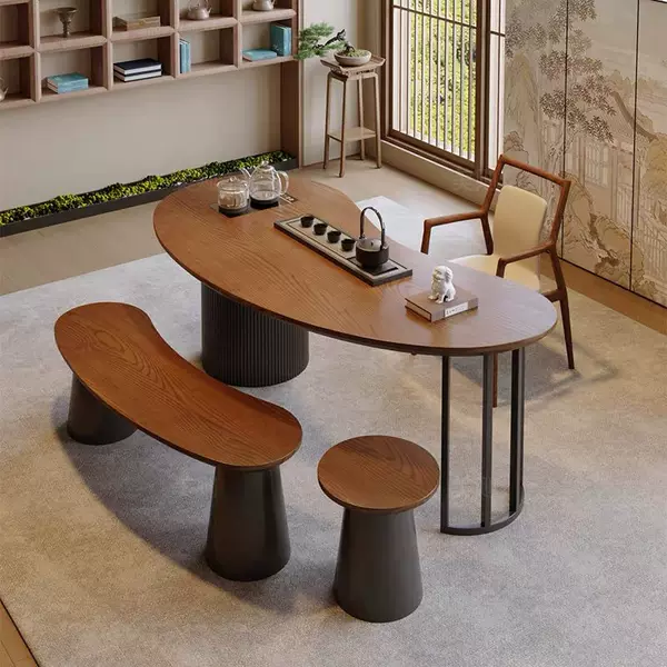 Medieval Style Curved Tea Table Solid Wood Home Balcony Small Tea Table Kettle Integrated Walnut Color Creative Tea Table