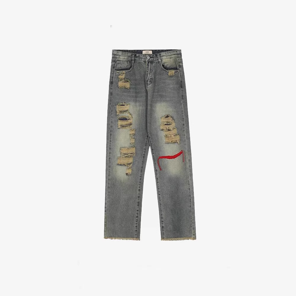 High Washed Vintage American Street Style Distressed Jeans Straight Trendy Unisex_viptrois.com