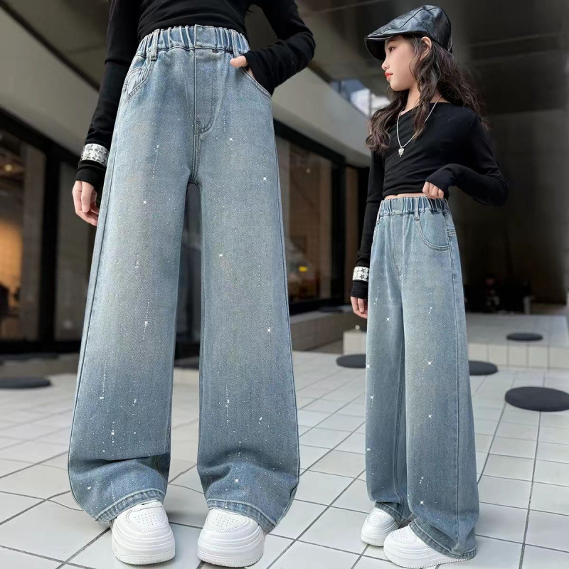 Girls' Rhinestone Jeans, Meteor Shower Rhinestone Wide-Leg Pants, Spring and Autumn Style, Long Pants for Girls of All Sizes, Fashionable and Versatile Pants