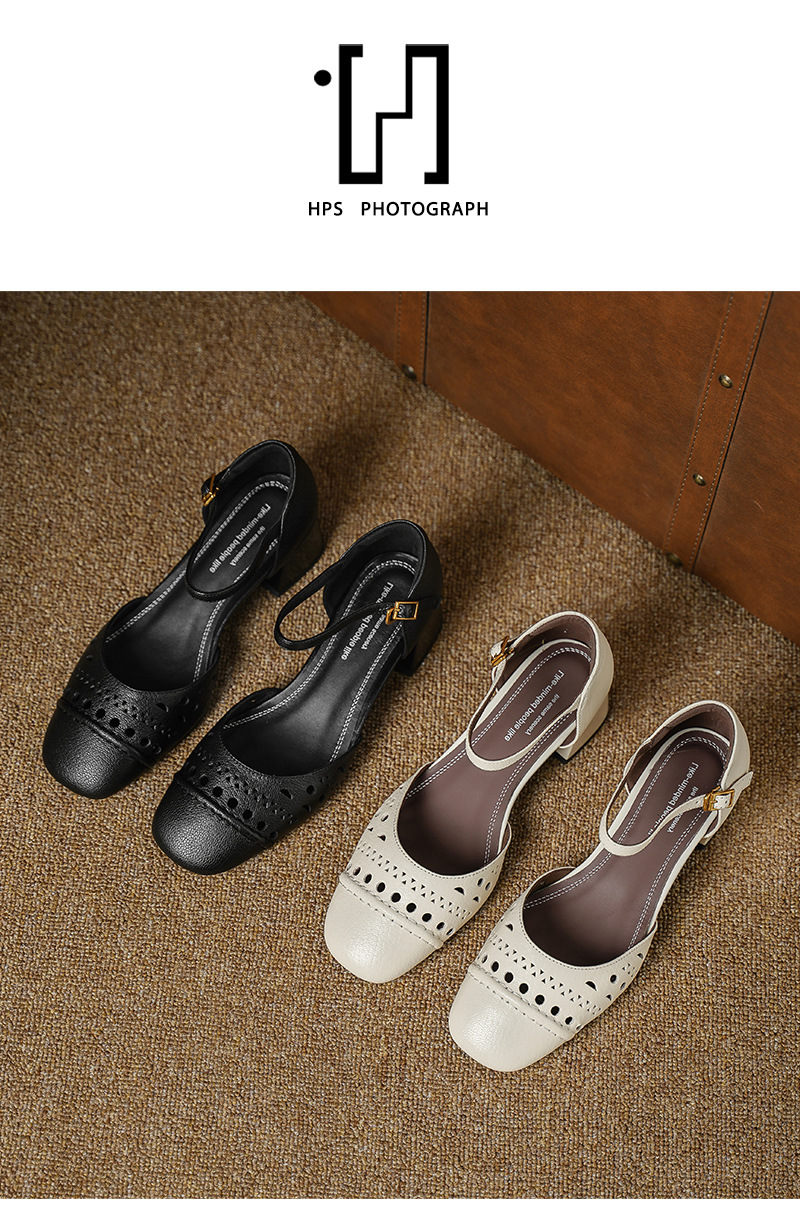 Sandal nữ da dê chạm trổ hoa văn, gót vuông 4,5 cm, mũi vuông hở — đen chi tiết 10