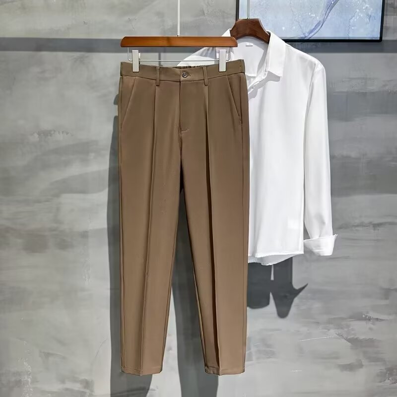 New Style Thin Pants Men's Cropped Summer Casual Pants Non-ironing 2024 Straight Slim-fit Dress Black Pants Men's