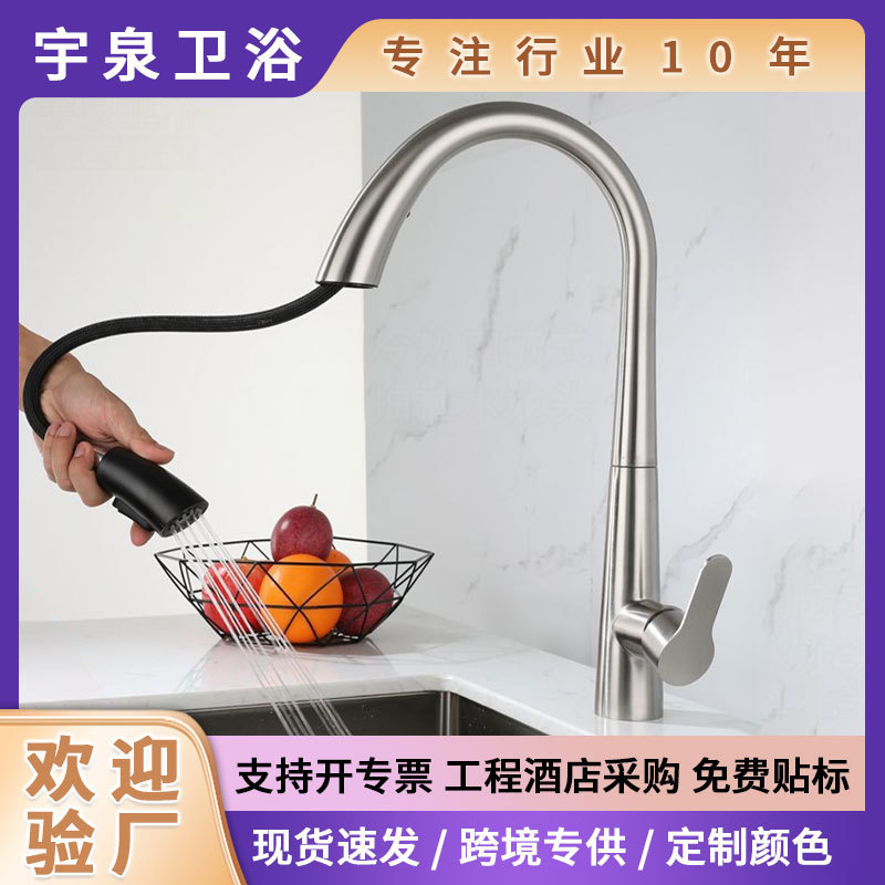 Stainless Steel Kitchen Faucet Gun Gray Sink Universal Rotating Pull-Out Multi-Functional Kitchen Hot and Cold Faucet