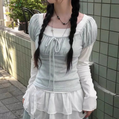 十三行早秋新款宽松休闲百搭假两件长袖T恤女蝴蝶结系绳圆领上衣